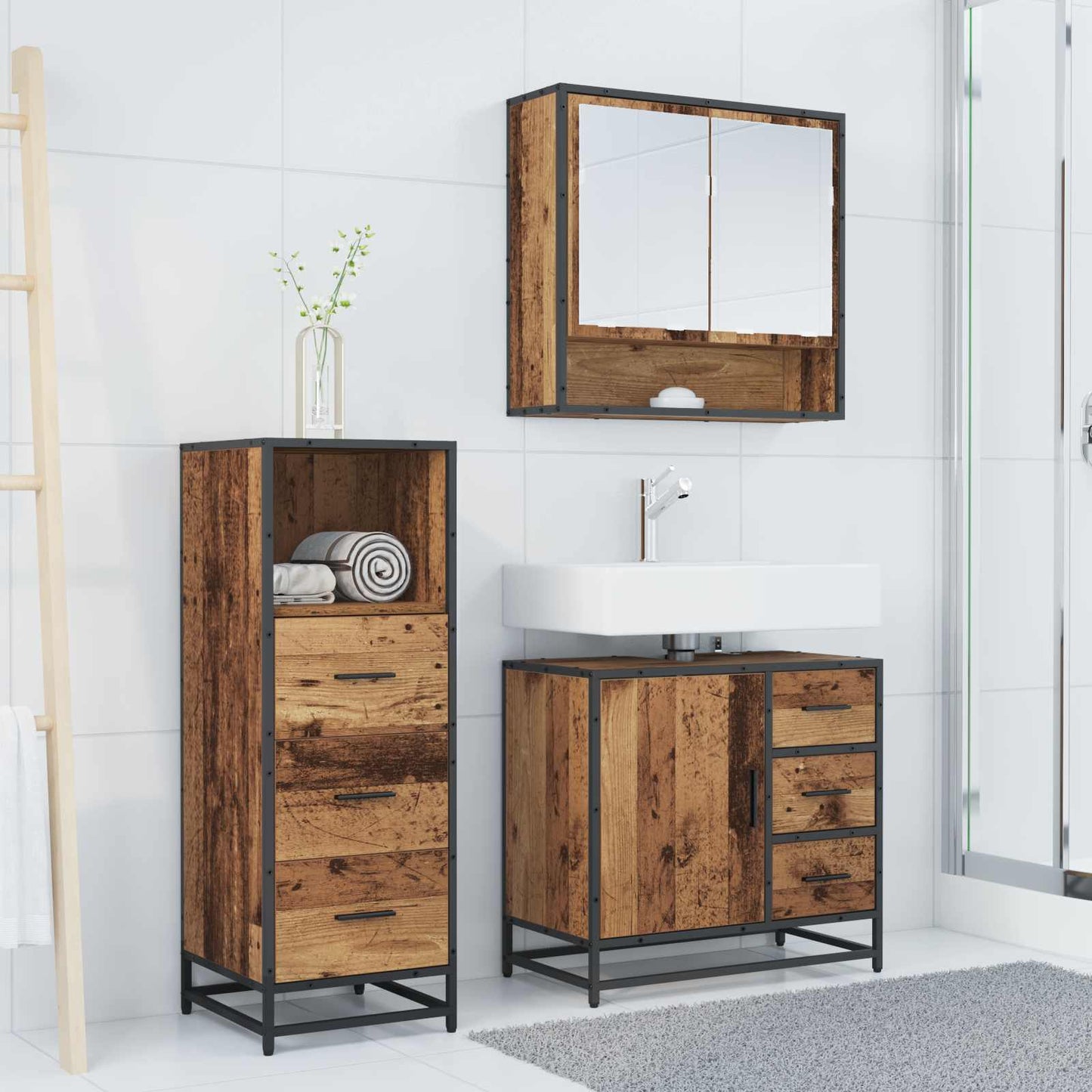 Set di mobili per il bagno con cassetto 3 pcs Legno vecchio | homemem39