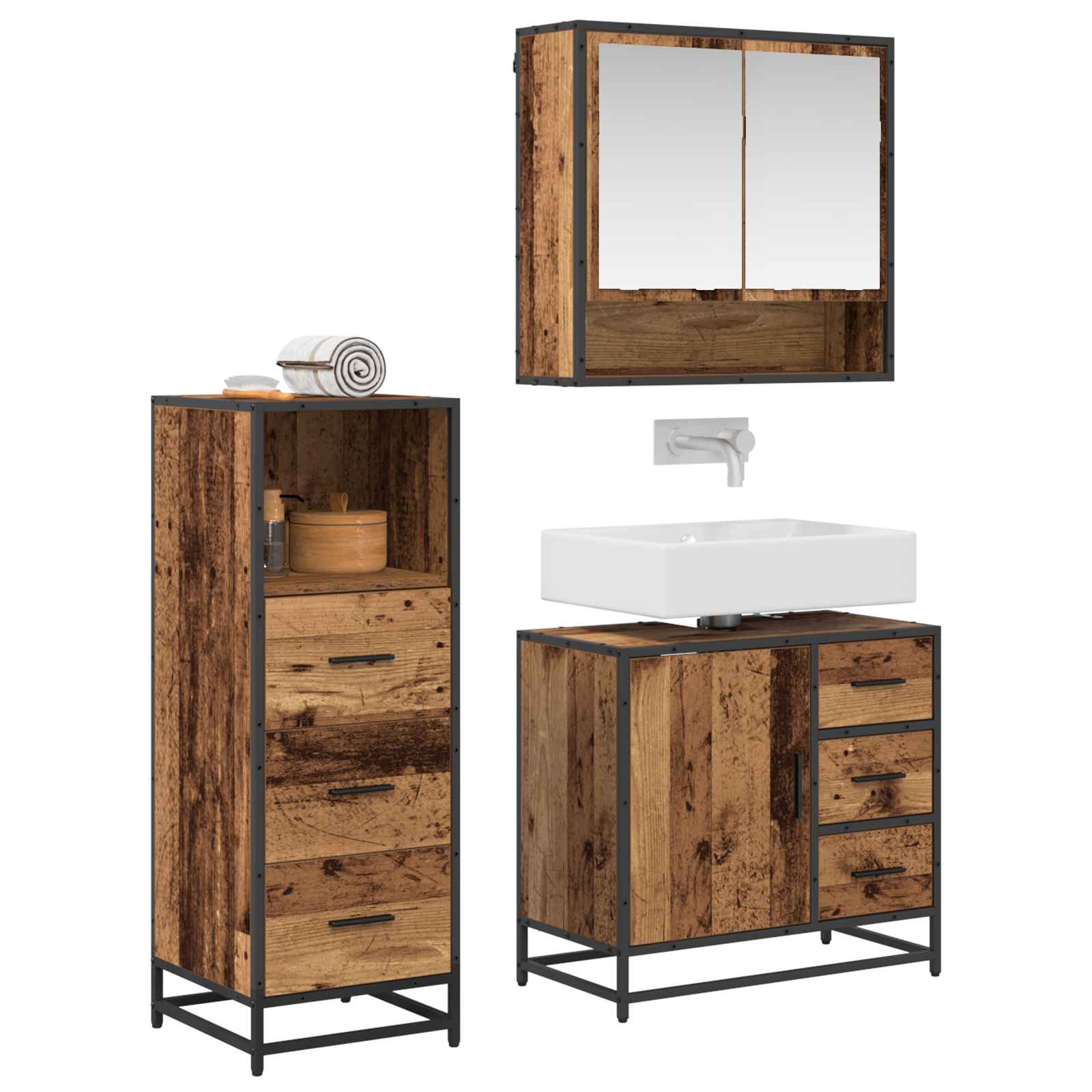Set di mobili per il bagno con cassetto 3 pcs Legno vecchio | homemem39