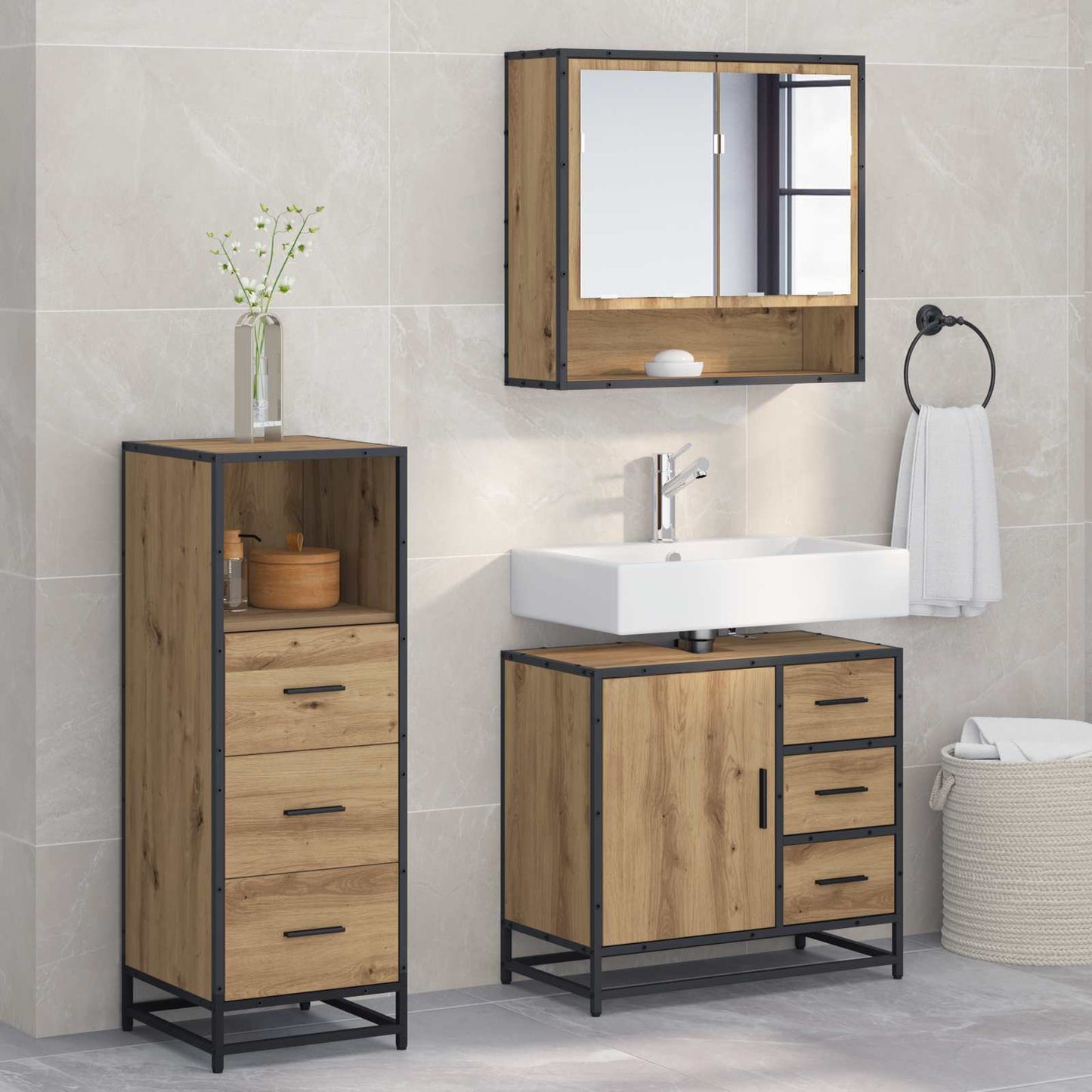 Set di mobili per il bagno 3 pz Rovere artigianale | homemem39