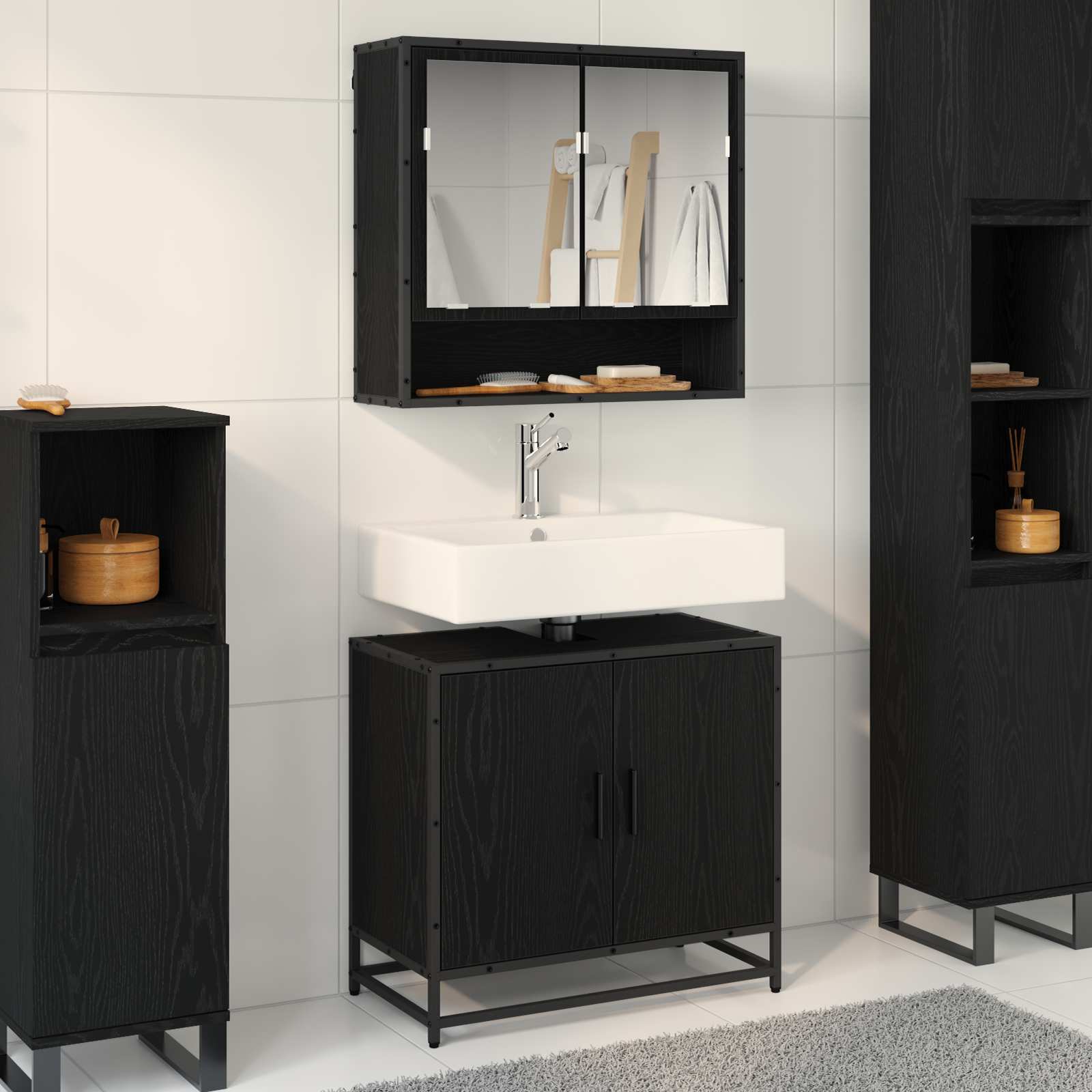 Set di mobili per il bagno 2 pcs Rovere Nero Legno multistrato | homemem39