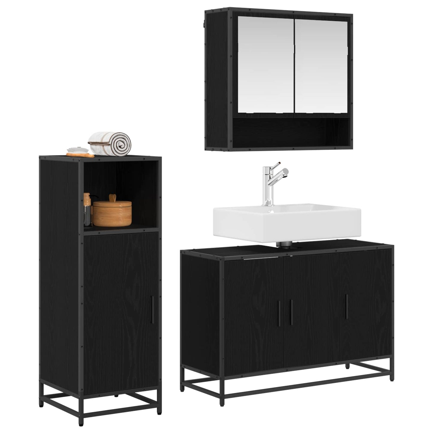Set di mobili per il bagno 3 pcs Rovere Nero Legno multistrato | homemem39
