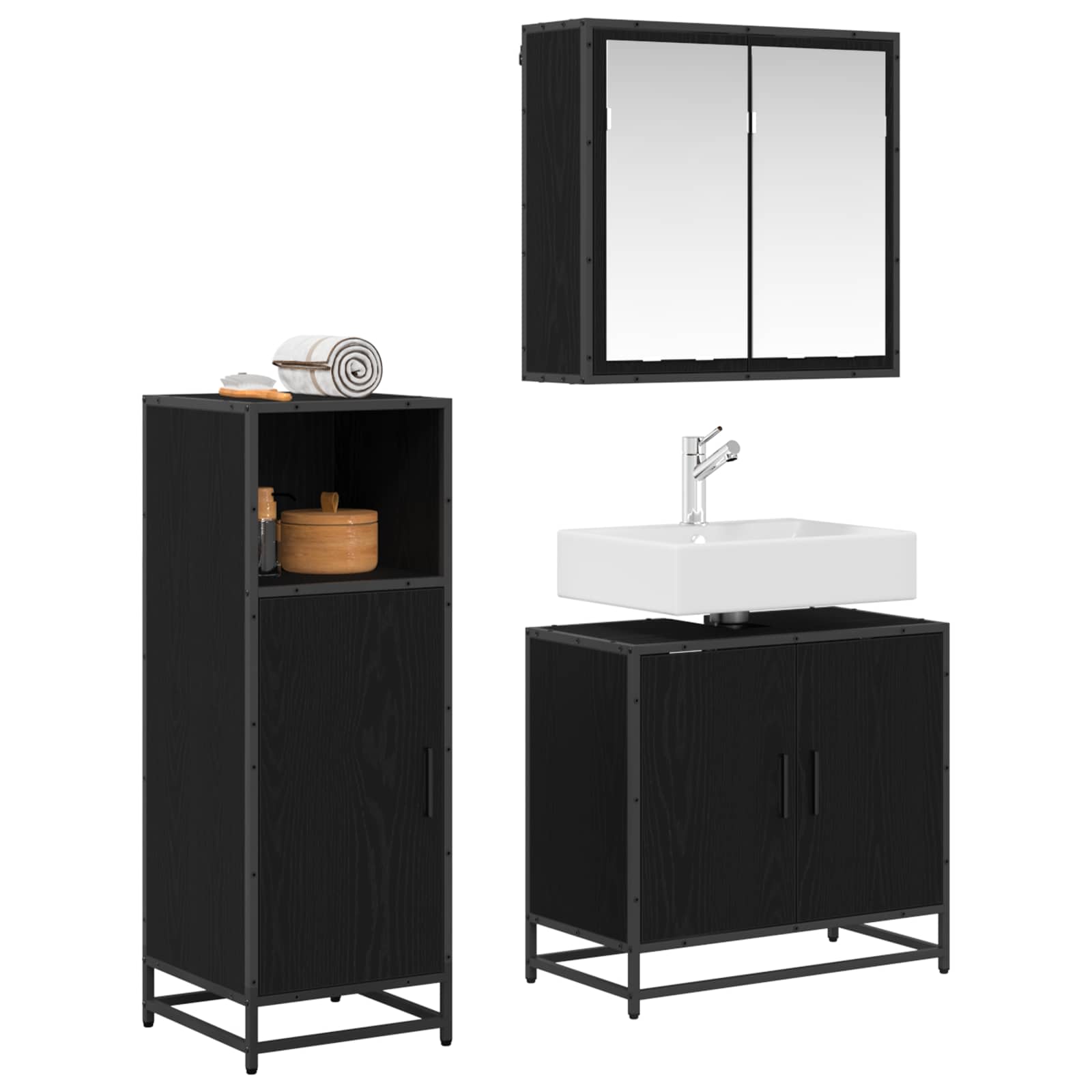 Set di mobili per il bagno 3 pcs Rovere Nero Legno multistrato | homemem39