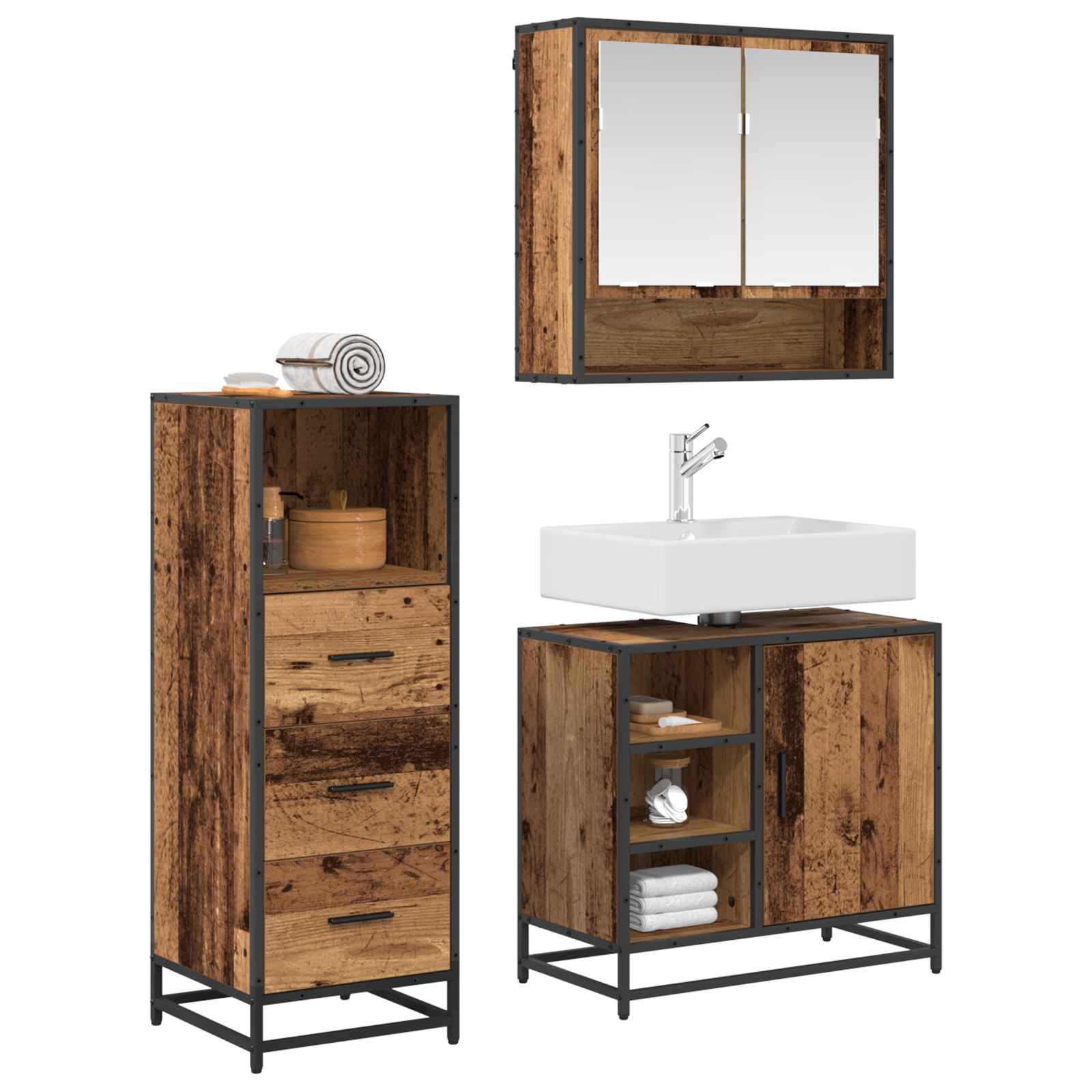 Set di mobili per il bagno con cassetto 3 pcs Legno vecchio | homemem39