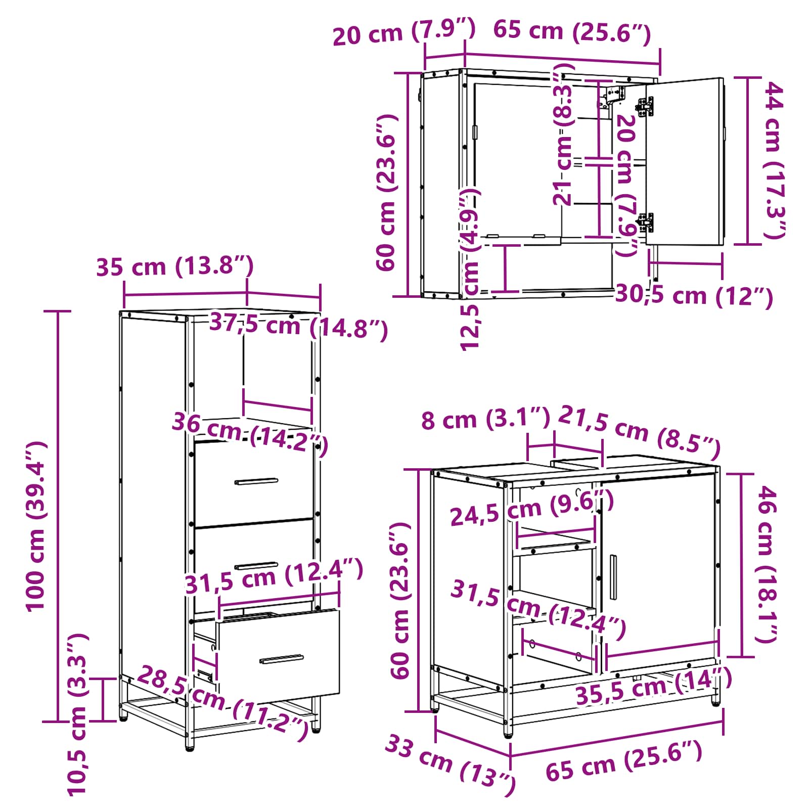 Set di mobili per il bagno con cassetto 3 pcs Legno vecchio | homemem39