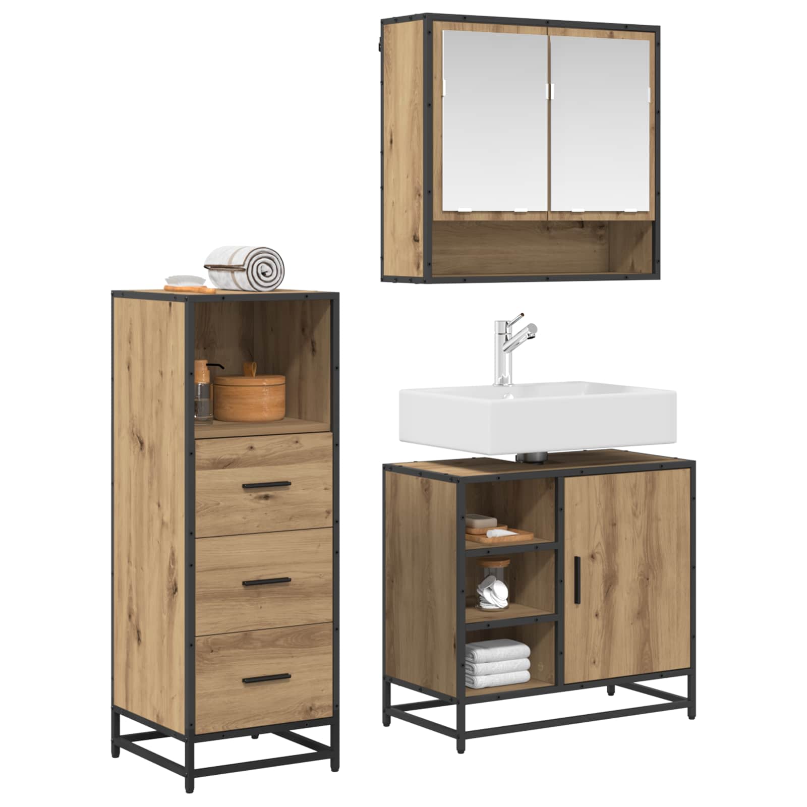 Set di mobili per il bagno 3 pz Rovere artigianale | homemem39