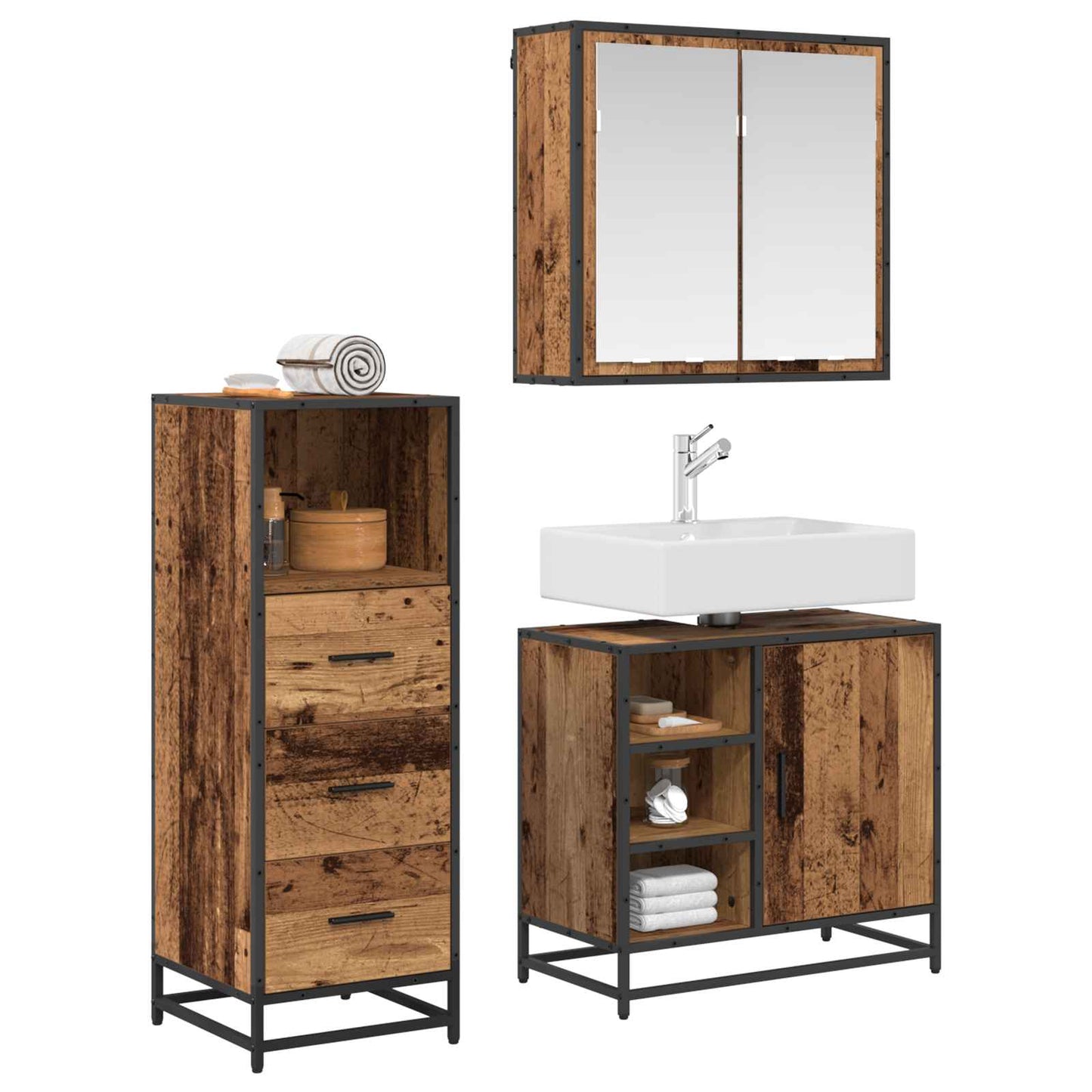 Set di mobili per il bagno con cassetto 3 pcs Legno vecchio | homemem39