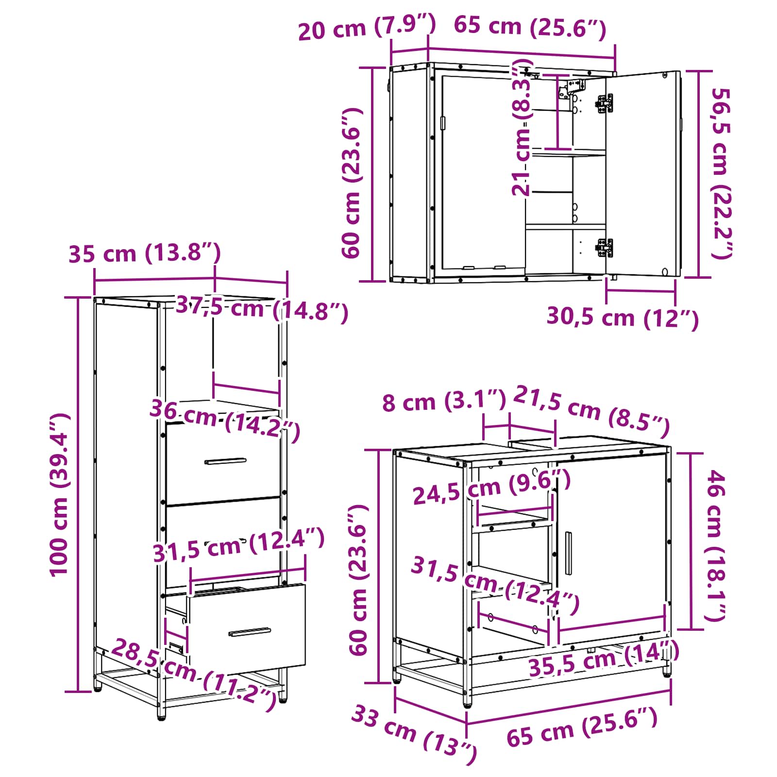 Set di mobili per il bagno con cassetto 3 pcs Legno vecchio | homemem39