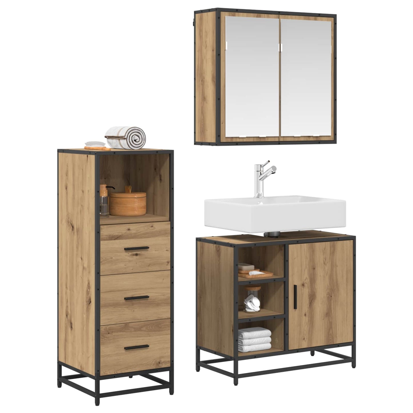 Set di mobili per il bagno 3 pz Rovere artigianale | homemem39