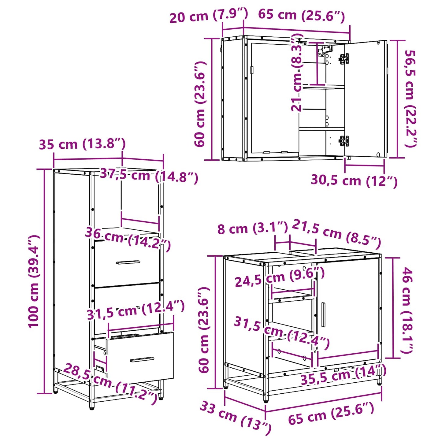 Set di mobili per il bagno 3 pz Rovere artigianale | homemem39