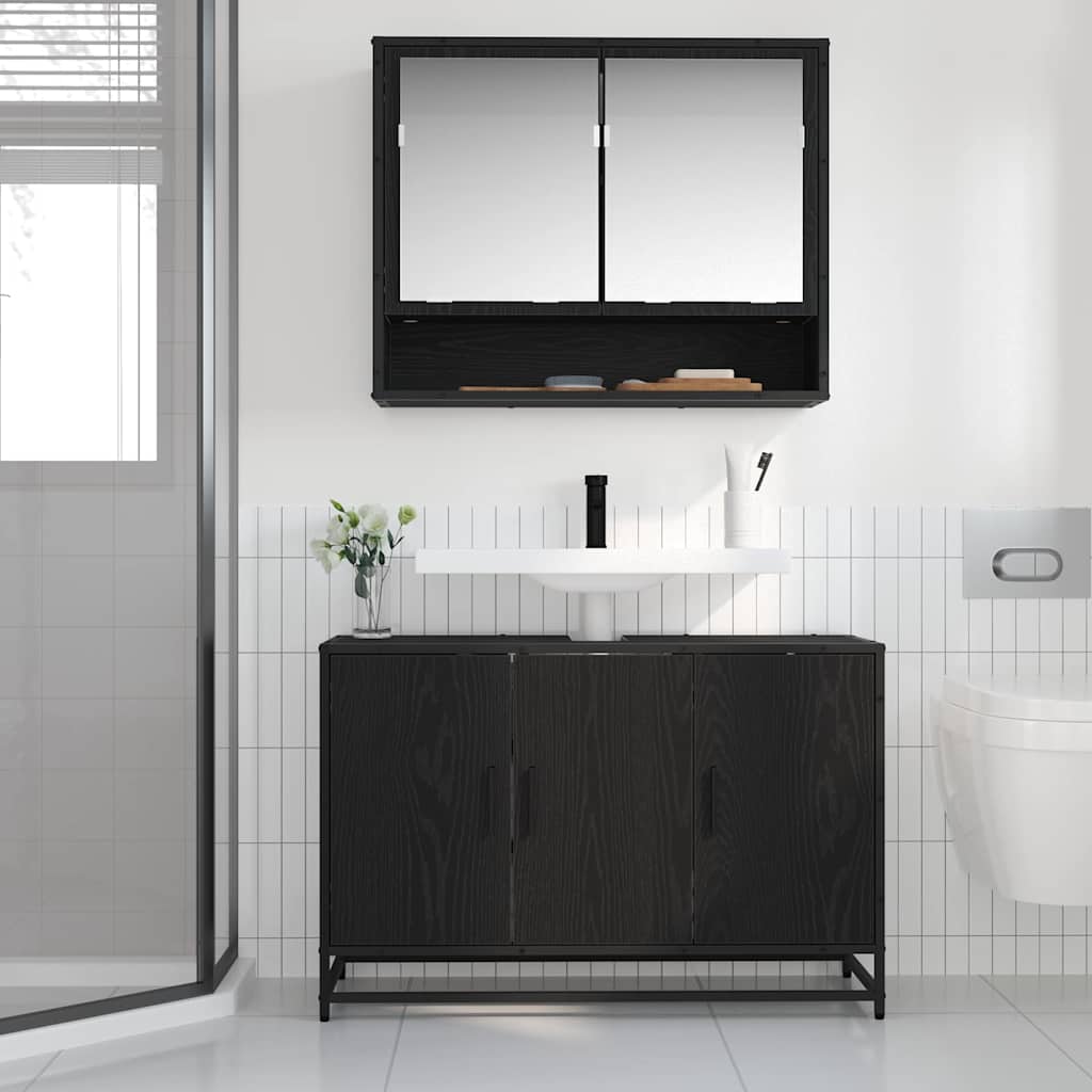 Set di mobili per il bagno 2 pcs Rovere Nero Legno multistrato