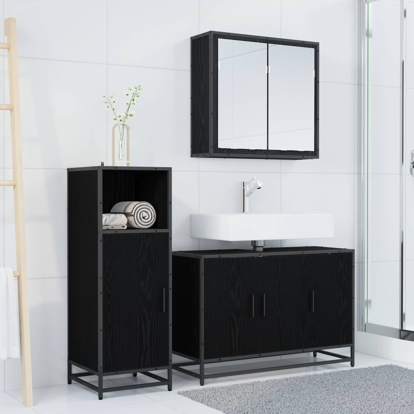 Set di mobili per il bagno 3 pcs Rovere Nero Legno multistrato | homemem39