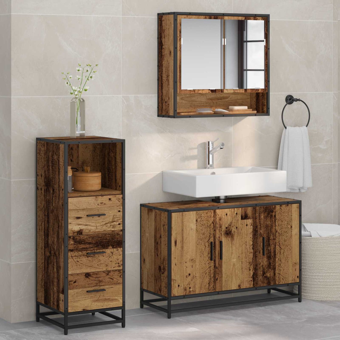 Set di mobili per il bagno con cassetto 3 pcs Legno vecchio | homemem39