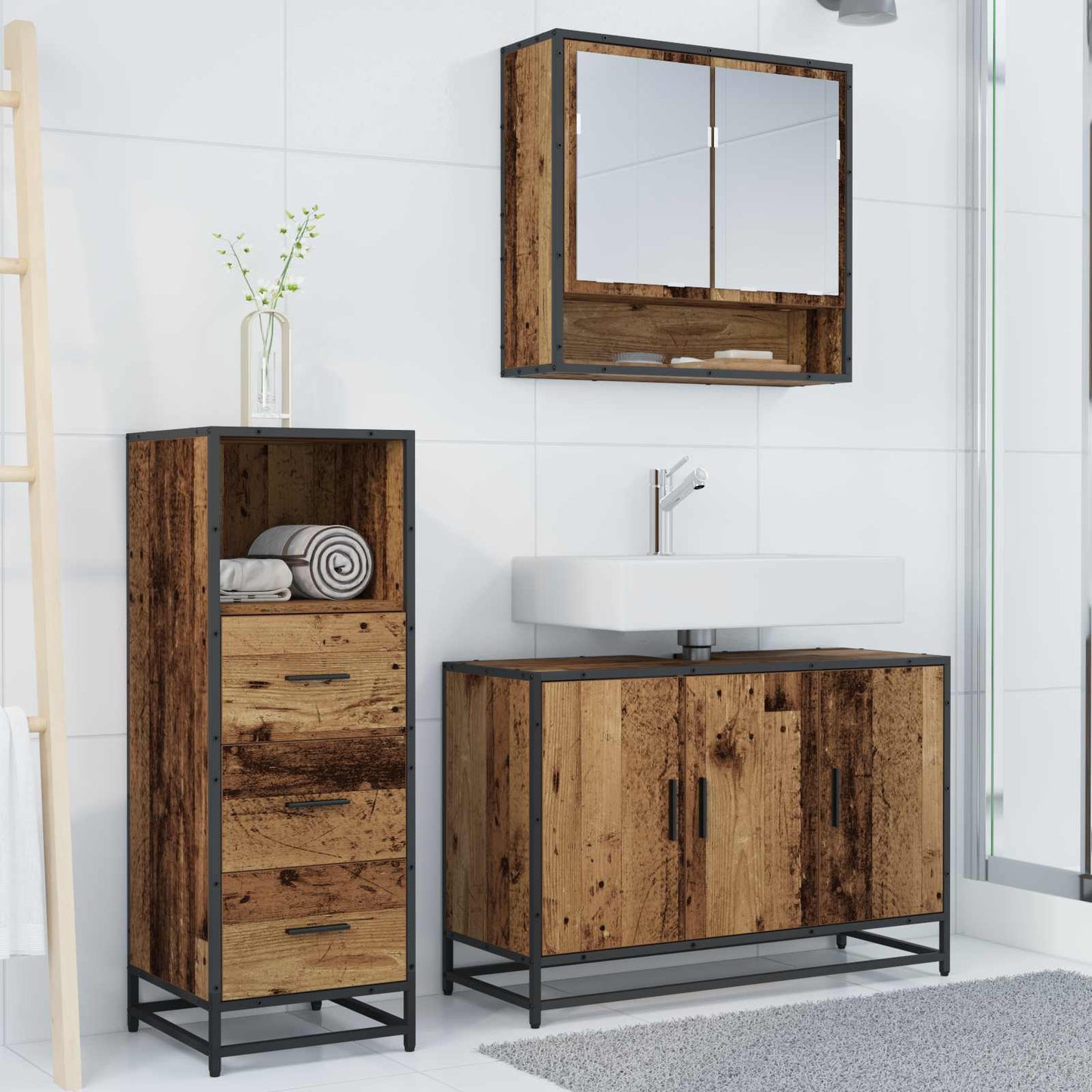Set di mobili per il bagno con cassetto 3 pcs Legno vecchio | homemem39