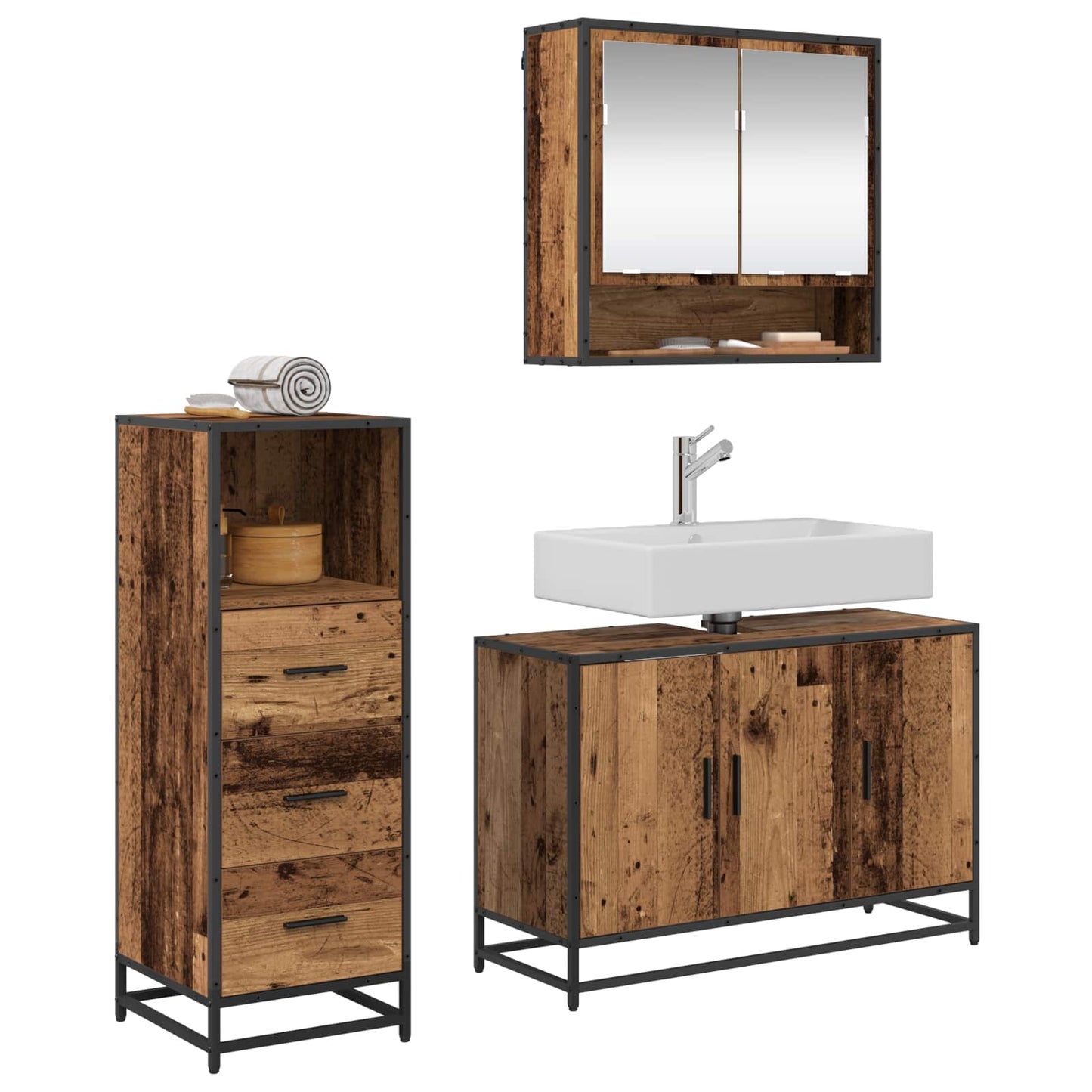 Set di mobili per il bagno con cassetto 3 pcs Legno vecchio | homemem39