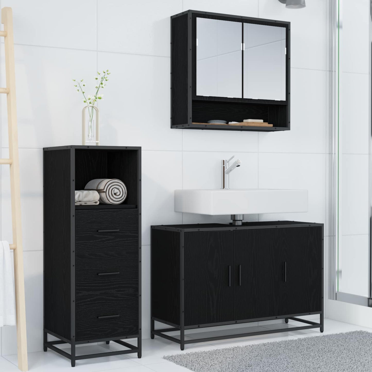 Set di mobili per il bagno 3 pcs Rovere Nero Legno multistrato | homemem39