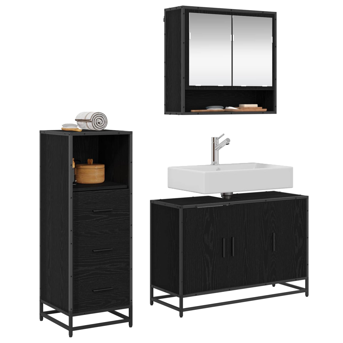 Set di mobili per il bagno 3 pcs Rovere Nero Legno multistrato | homemem39