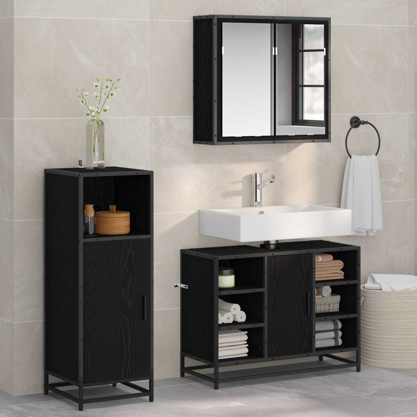 Set di mobili per il bagno 3 pcs Rovere Nero Legno multistrato | homemem39
