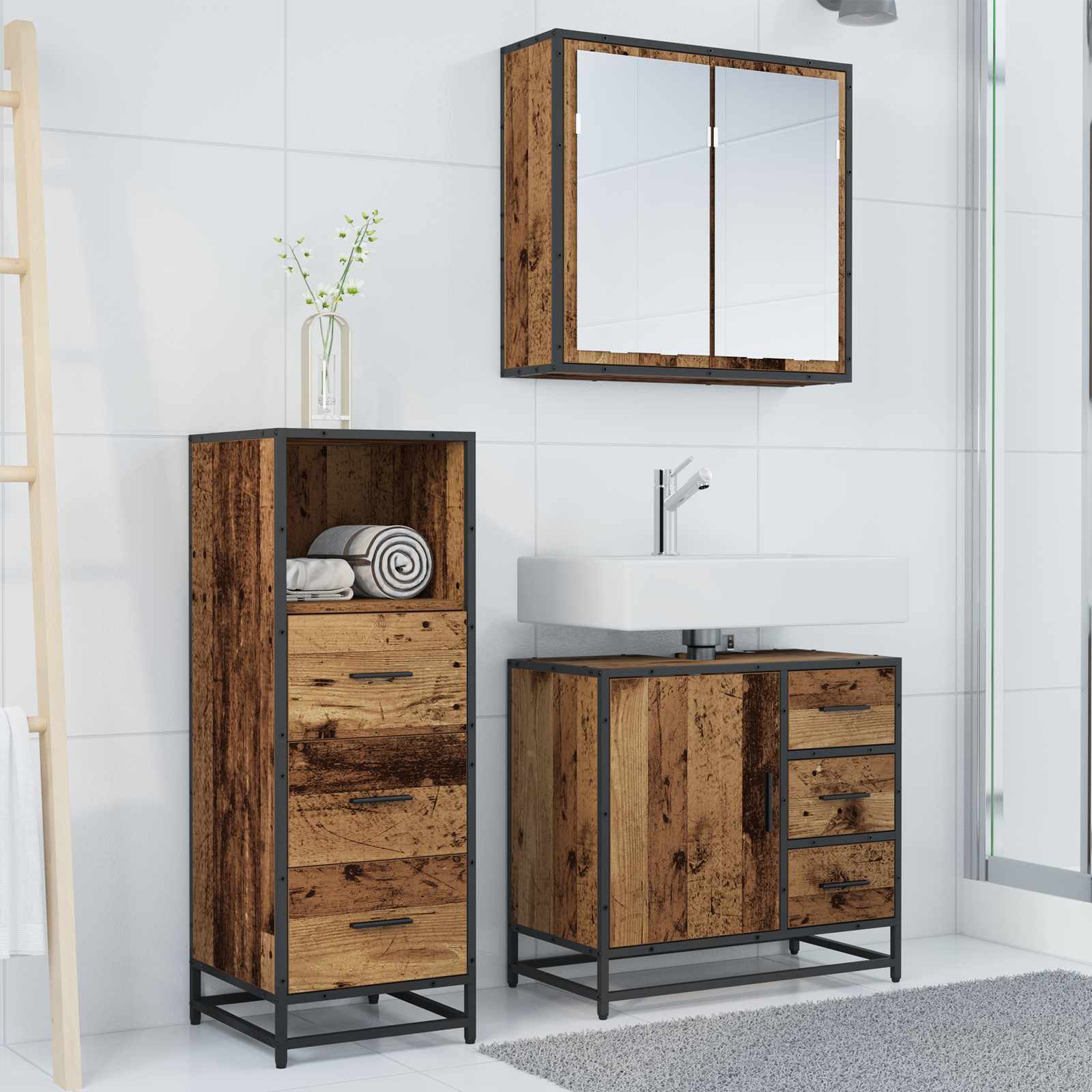 Set di mobili per il bagno con cassetto 3 pcs Legno vecchio | homemem39