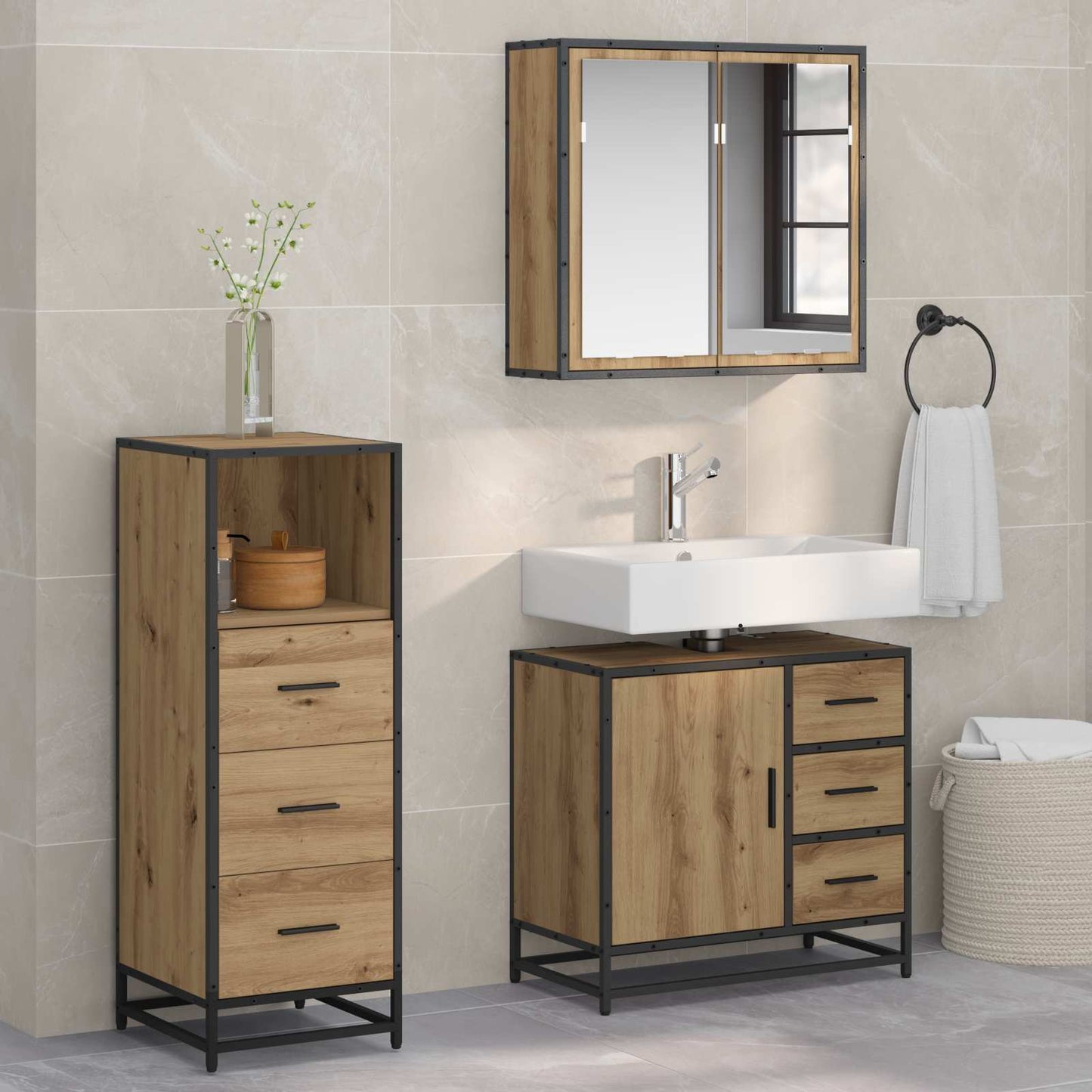Set di mobili per il bagno 3 pz Rovere artigianale | homemem39