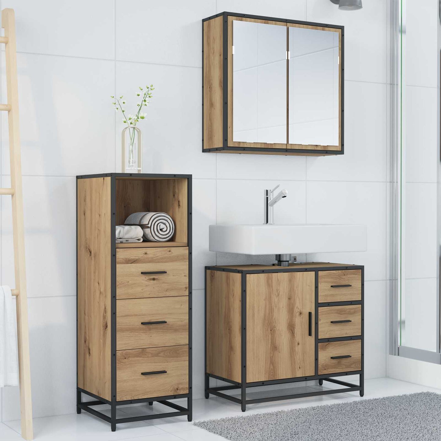 Set di mobili per il bagno 3 pz Rovere artigianale | homemem39