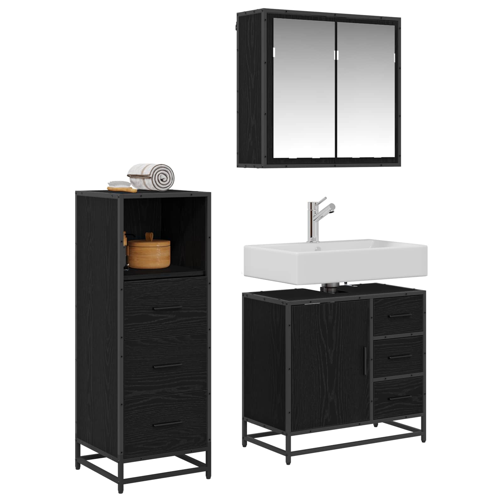Set di mobili per il bagno 3 pcs Rovere Nero Legno multistrato | homemem39