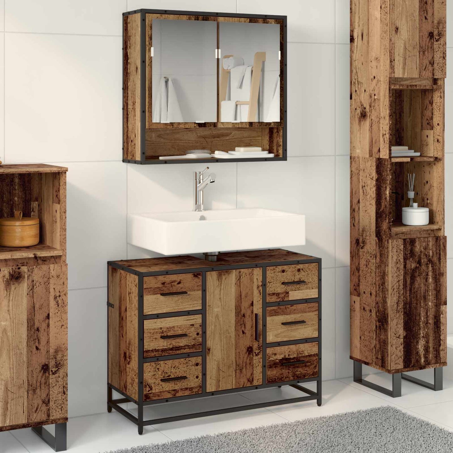 Set di mobili per il bagno con cassetto 2 pcs Legno vecchio | homemem39