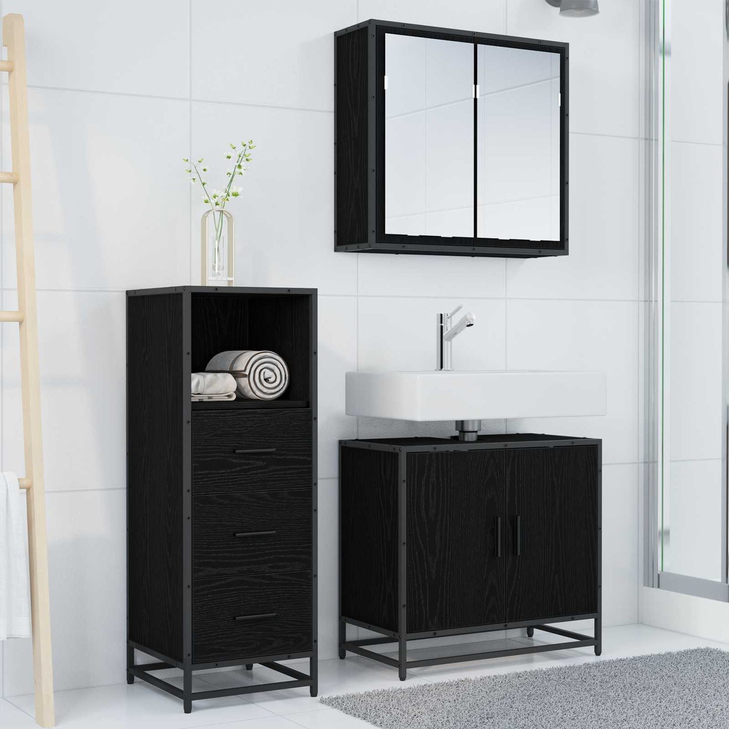 Set di mobili per il bagno 3 pcs Rovere Nero Legno multistrato | homemem39