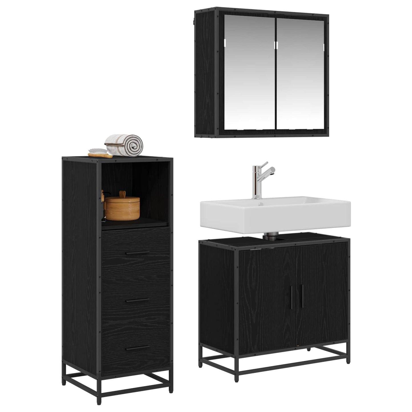 Set di mobili per il bagno 3 pcs Rovere Nero Legno multistrato | homemem39