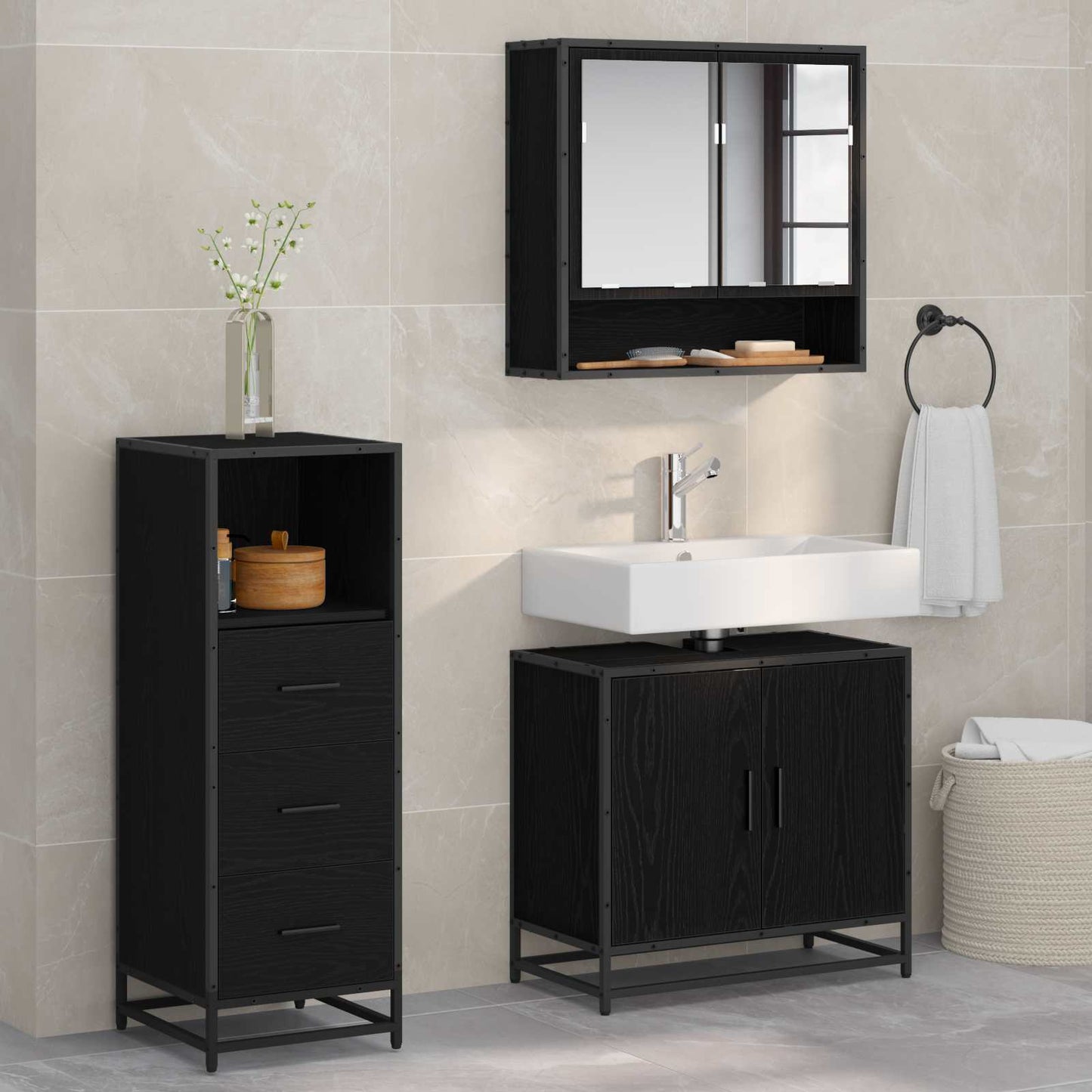 Set di mobili per il bagno 3 pcs Rovere Nero Legno multistrato | homemem39