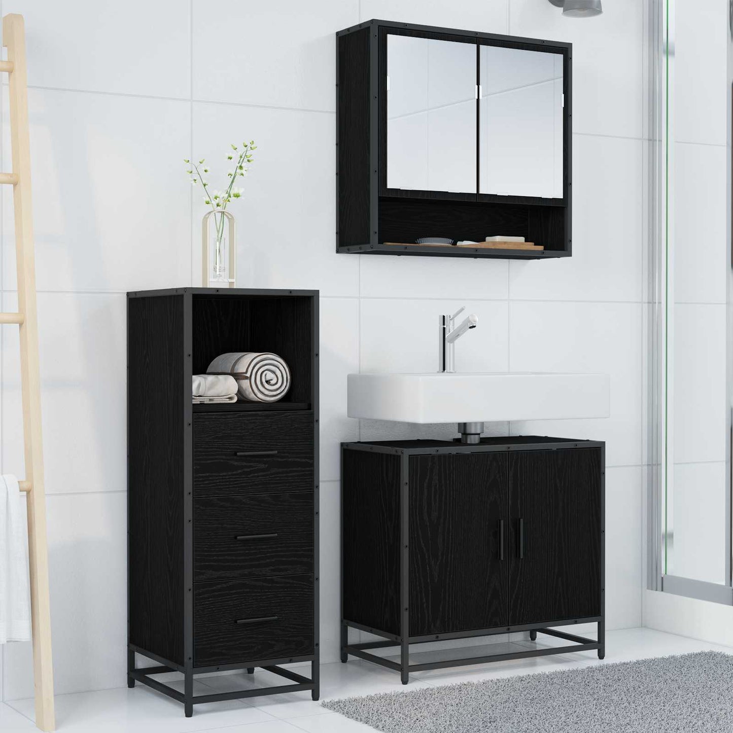 Set di mobili per il bagno 3 pcs Rovere Nero Legno multistrato | homemem39