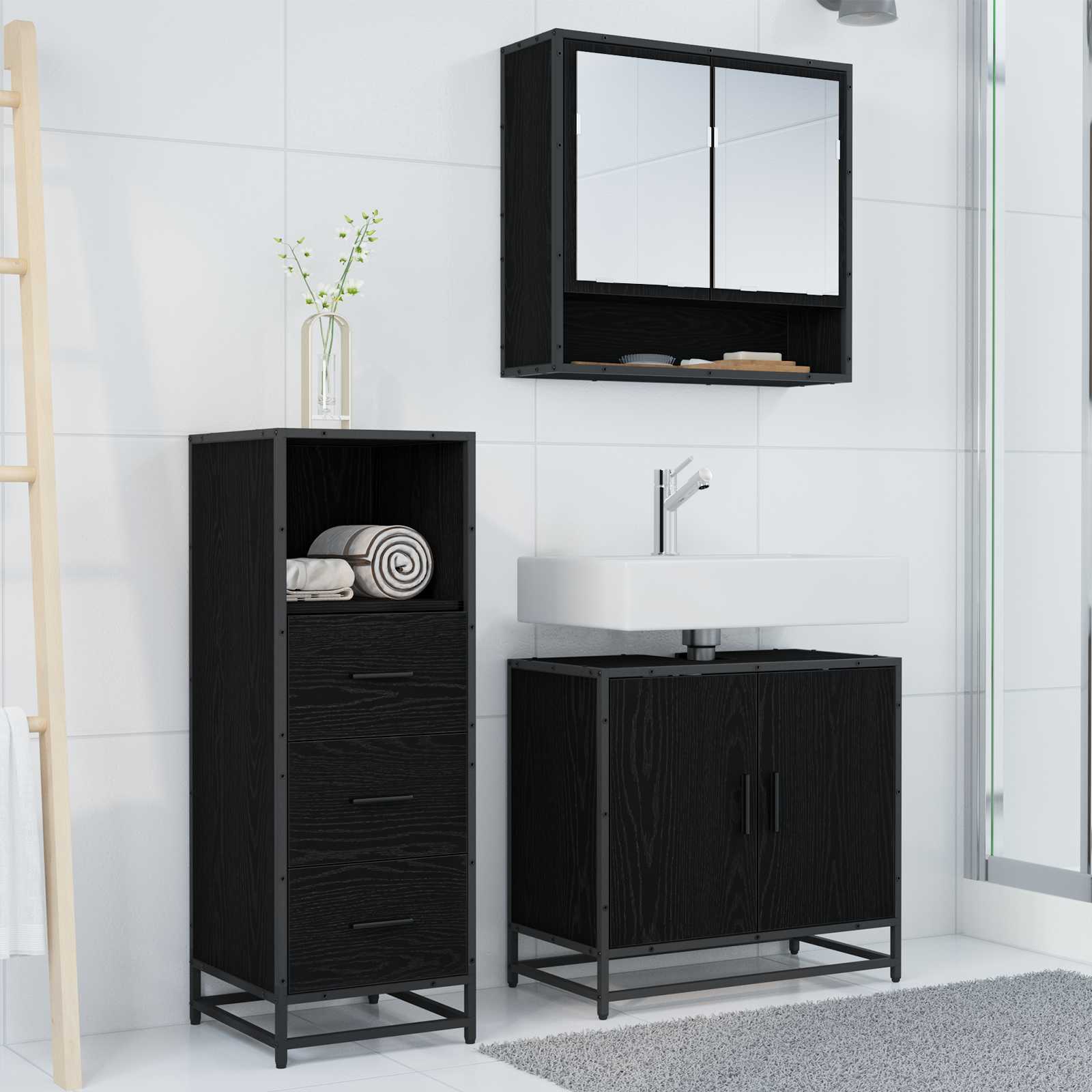 Set di mobili per il bagno 3 pcs Rovere Nero Legno multistrato | homemem39