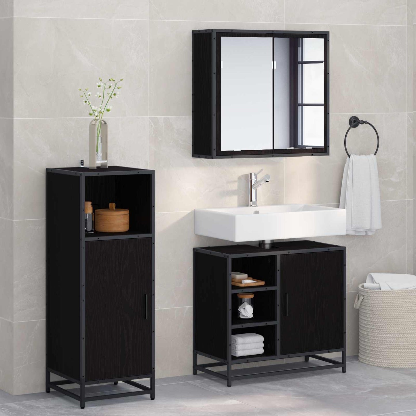 Set di mobili per il bagno 3 pcs Rovere Nero Legno multistrato | homemem39