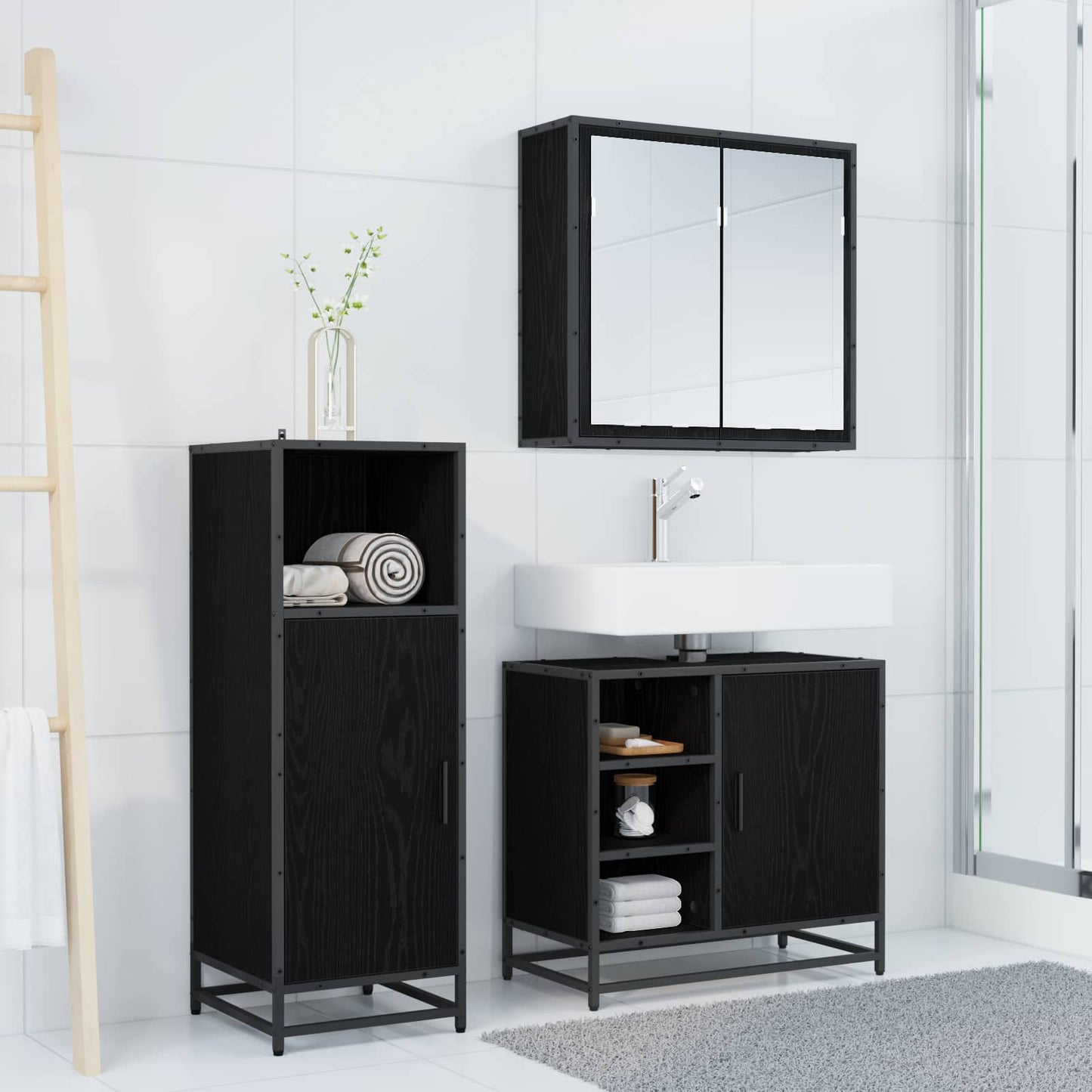 Set di mobili per il bagno 3 pcs Rovere Nero Legno multistrato | homemem39