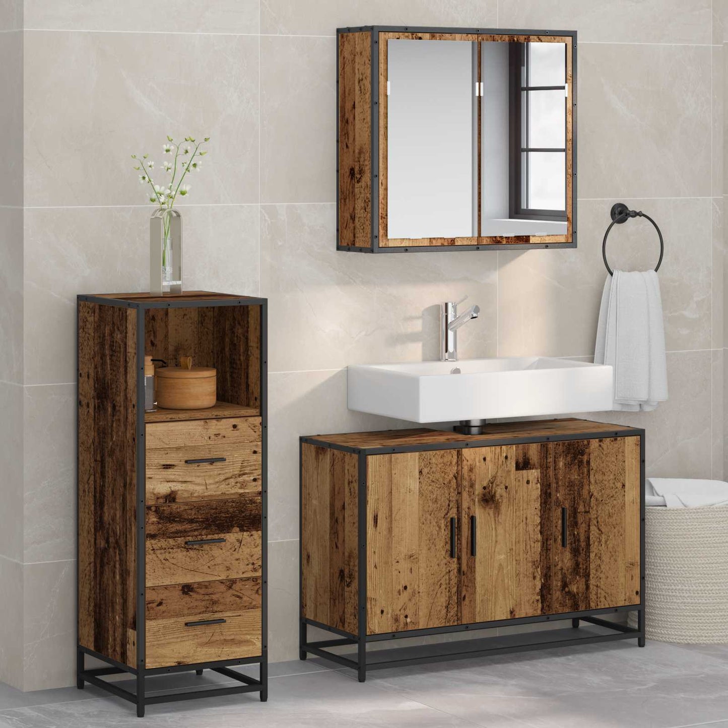Set di mobili per il bagno con cassetto 3 pcs Legno vecchio | homemem39