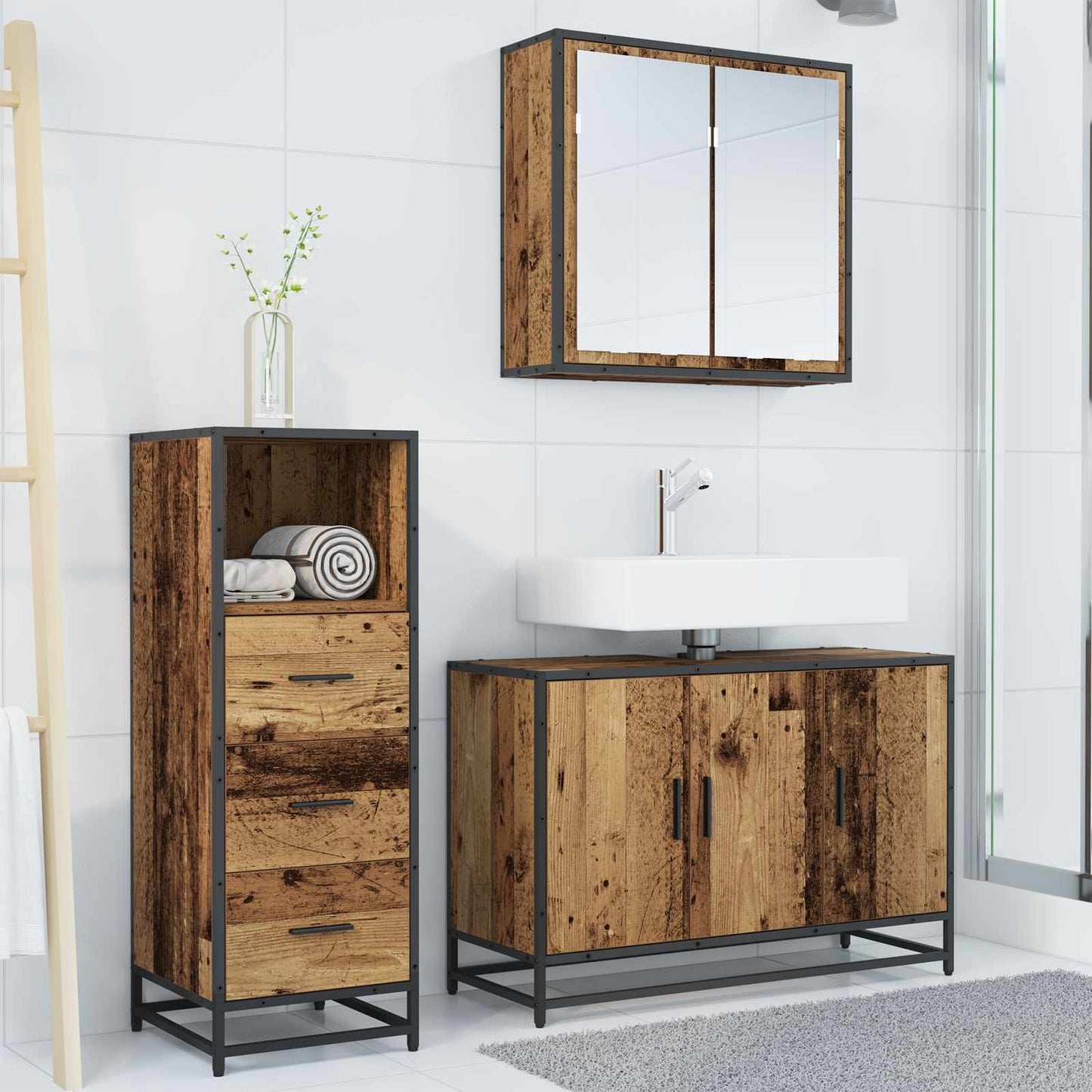 Set di mobili per il bagno con cassetto 3 pcs Legno vecchio | homemem39