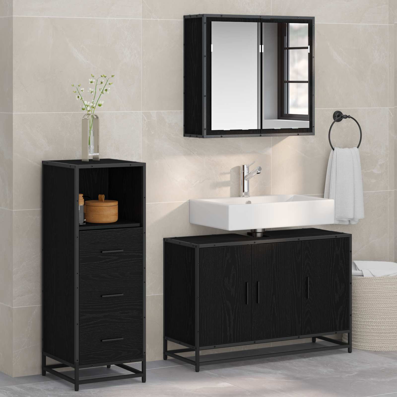 Set di mobili per il bagno 3 pcs Rovere Nero Legno multistrato | homemem39