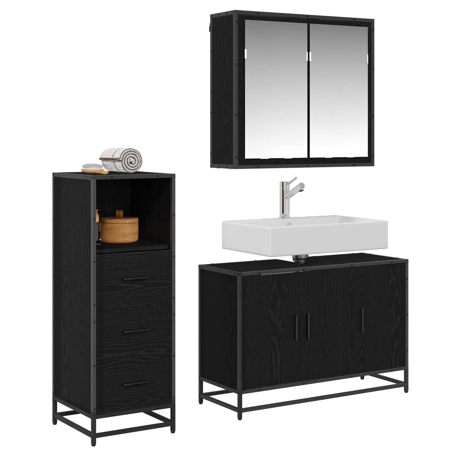 Set di mobili per il bagno 3 pcs Rovere Nero Legno multistrato | homemem39