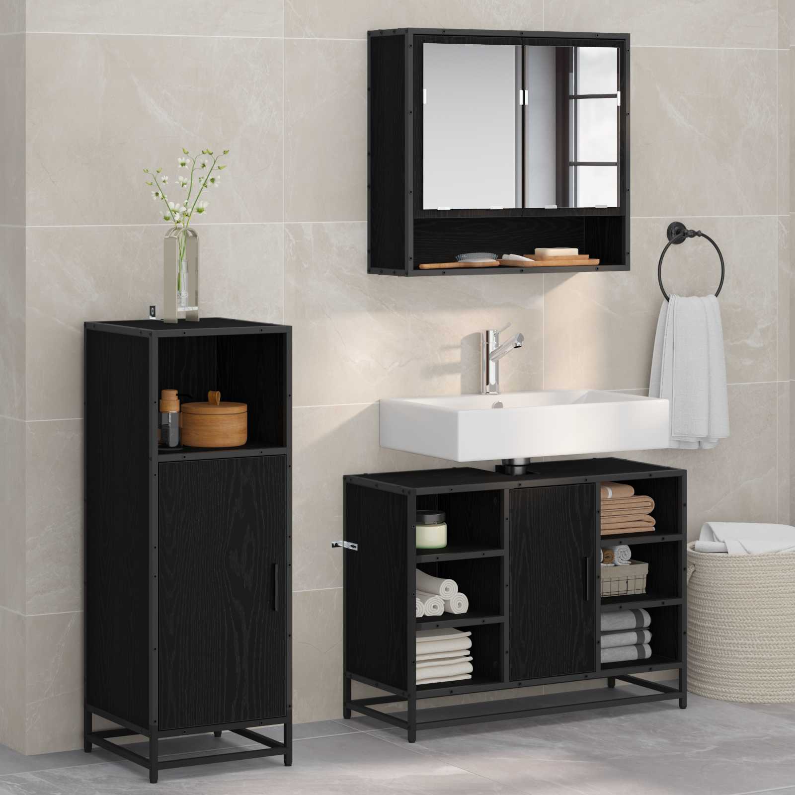 Set di mobili per il bagno 3 pcs Rovere Nero Legno multistrato | homemem39
