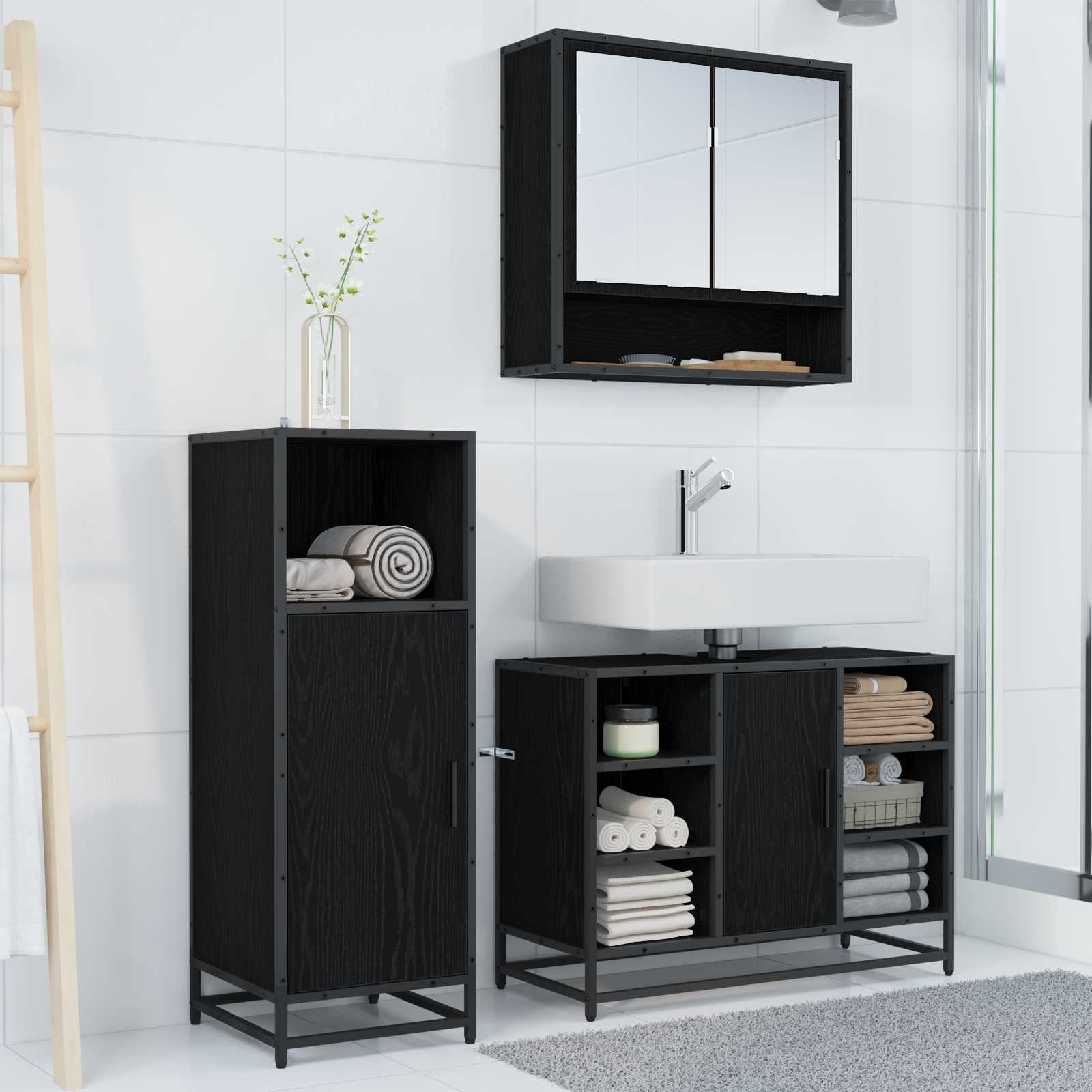 Set di mobili per il bagno 3 pcs Rovere Nero Legno multistrato | homemem39