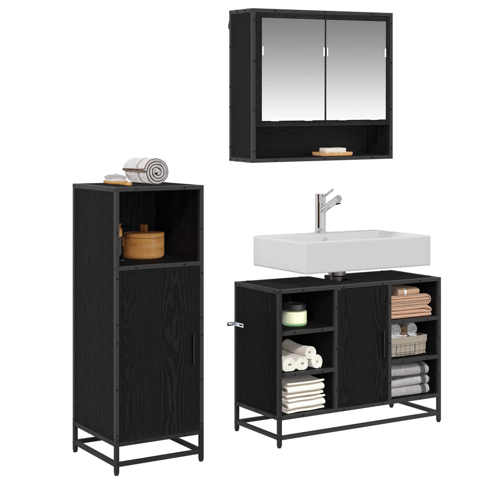 Set di mobili per il bagno 3 pcs Rovere Nero Legno multistrato | homemem39