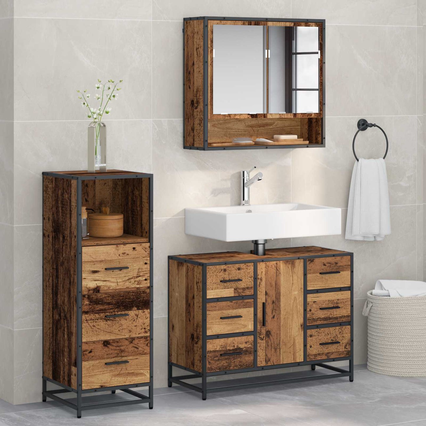 Set di mobili per il bagno con cassetto 3 pcs Legno vecchio | homemem39