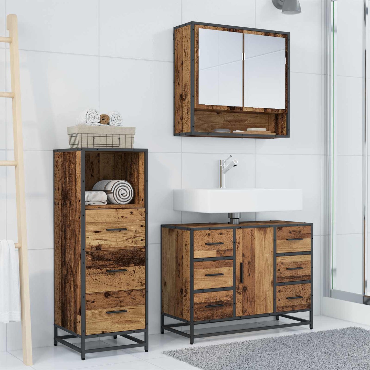 Set di mobili per il bagno con cassetto 3 pcs Legno vecchio | homemem39