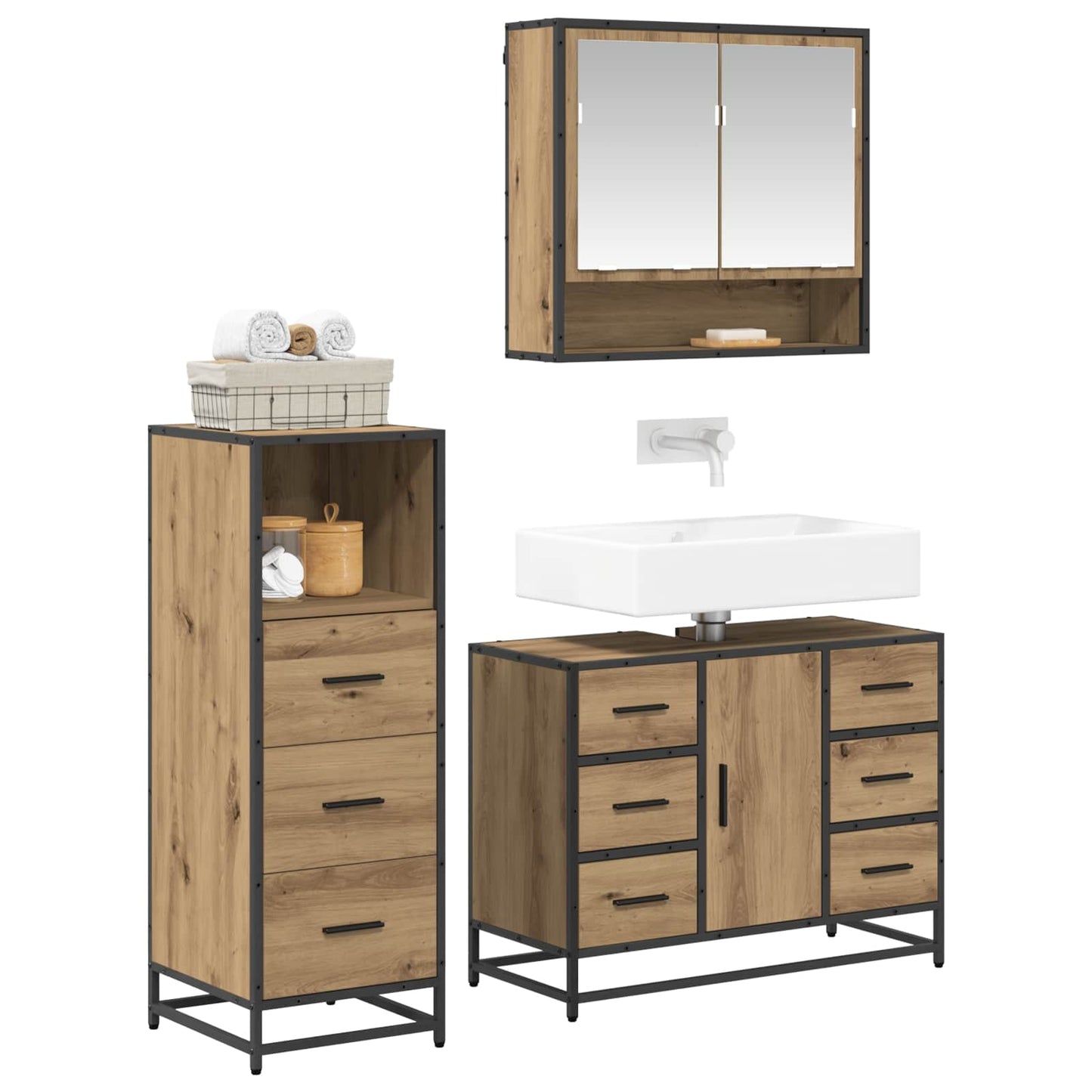 Set di mobili per il bagno 3 pz Rovere artigianale | homemem39