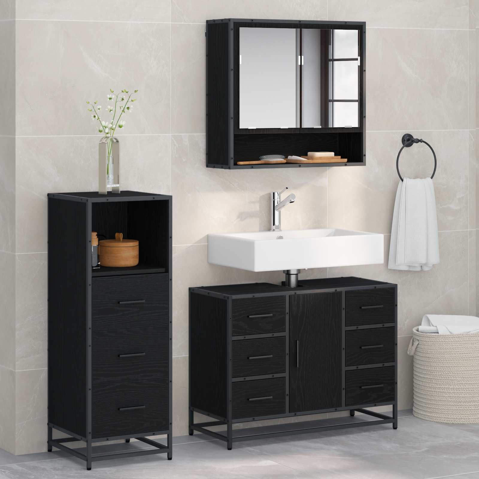 Set di mobili per il bagno 3 pcs Rovere Nero Legno multistrato | homemem39