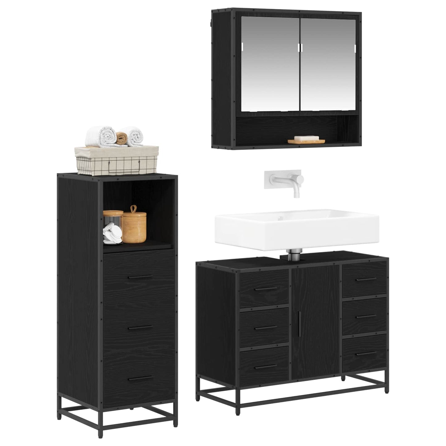 Set di mobili per il bagno 3 pcs Rovere Nero Legno multistrato | homemem39