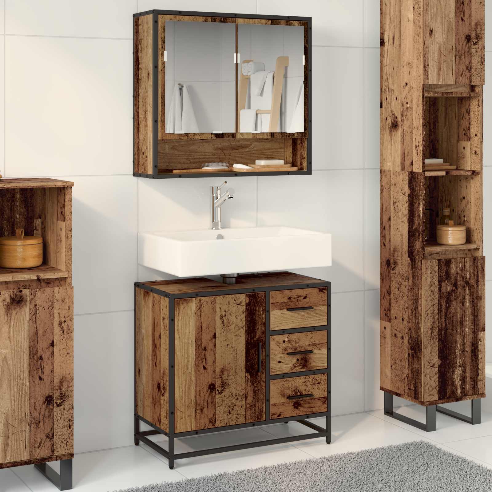Set di mobili per il bagno con cassetto 2 pcs Legno vecchio | homemem39