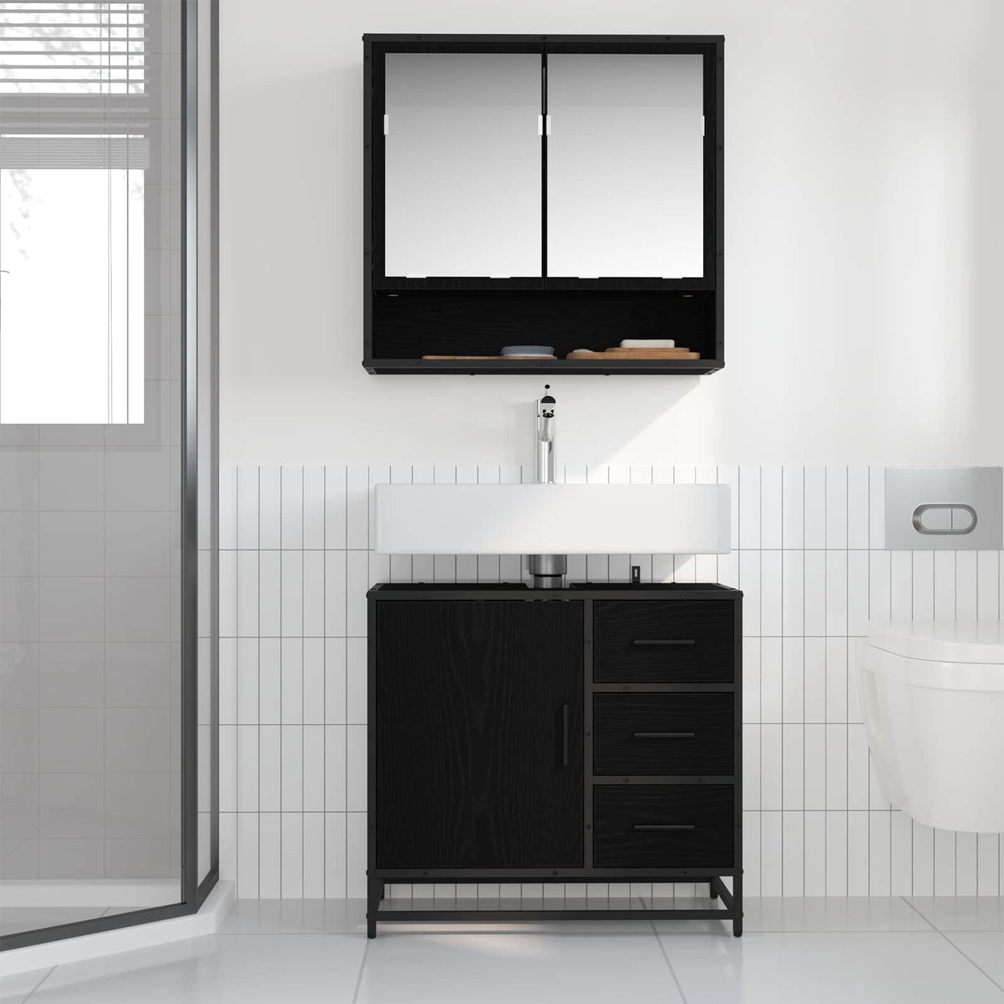 Set di mobili per il bagno 2 pcs Rovere Nero Legno multistrato | homemem39