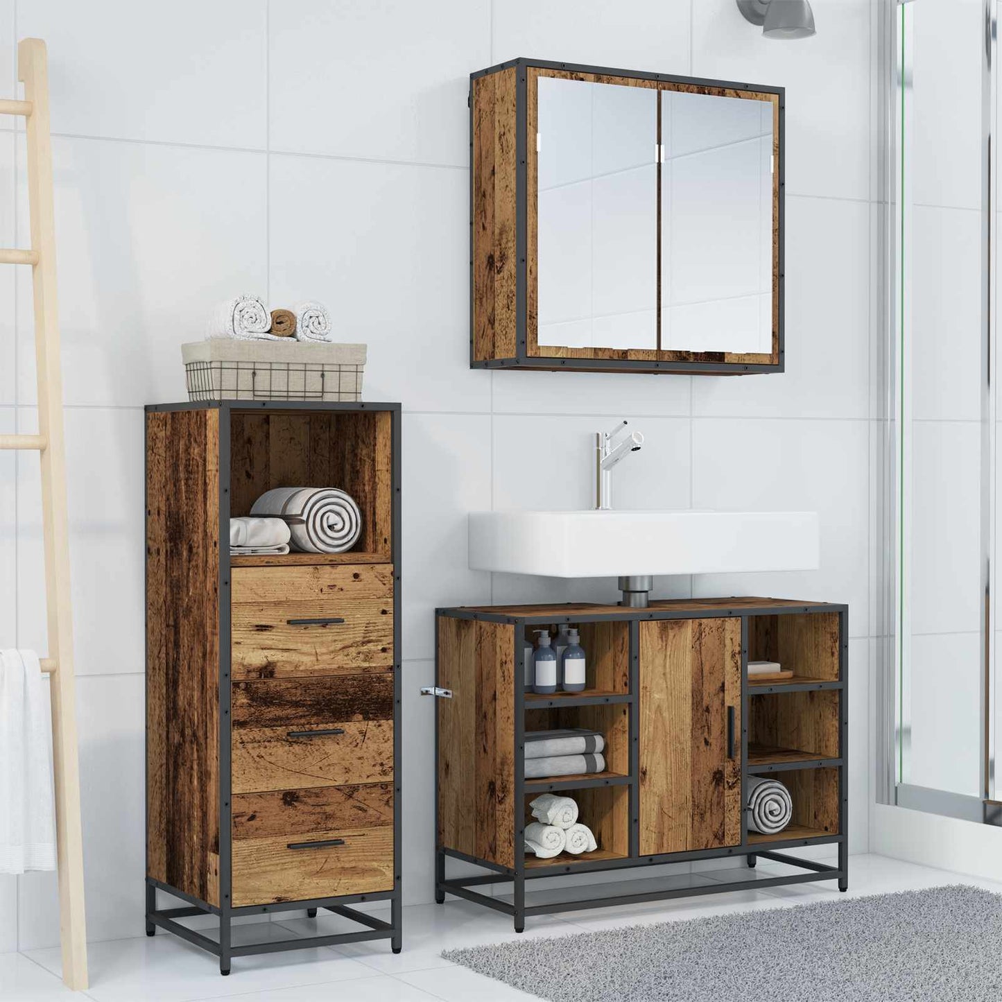 Set di mobili per il bagno con cassetto 3 pcs Legno vecchio | homemem39