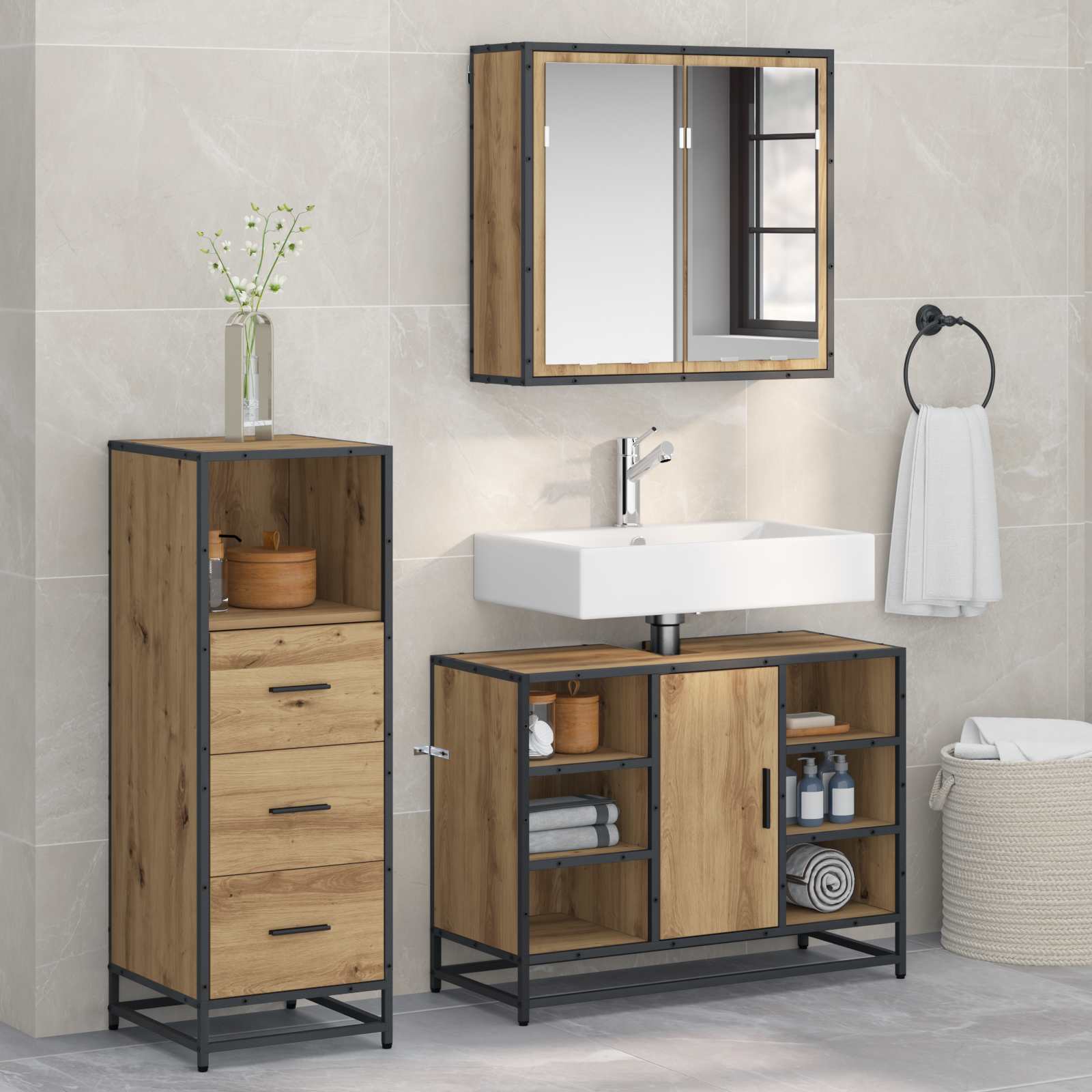 Set di mobili per il bagno 3 pz Rovere artigianale | homemem39