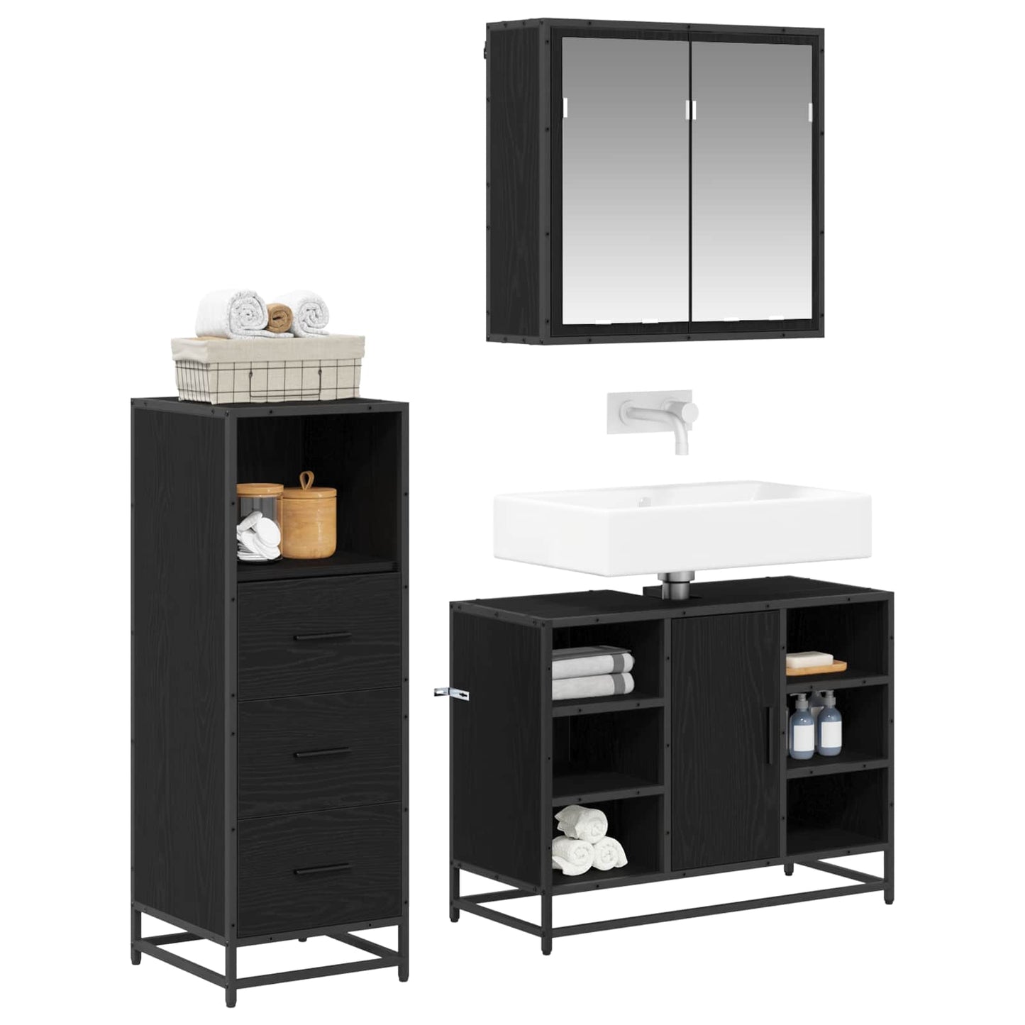 Set di mobili per il bagno 3 pcs Rovere Nero Legno multistrato | homemem39